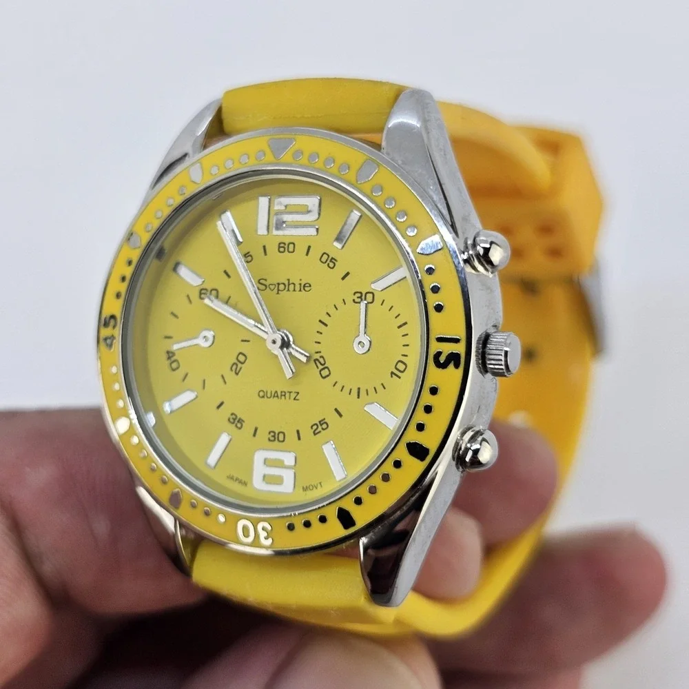Sophie Women's Analog Watch 35MM Yellow Dial Yellow Plastic Bands NEW Battery